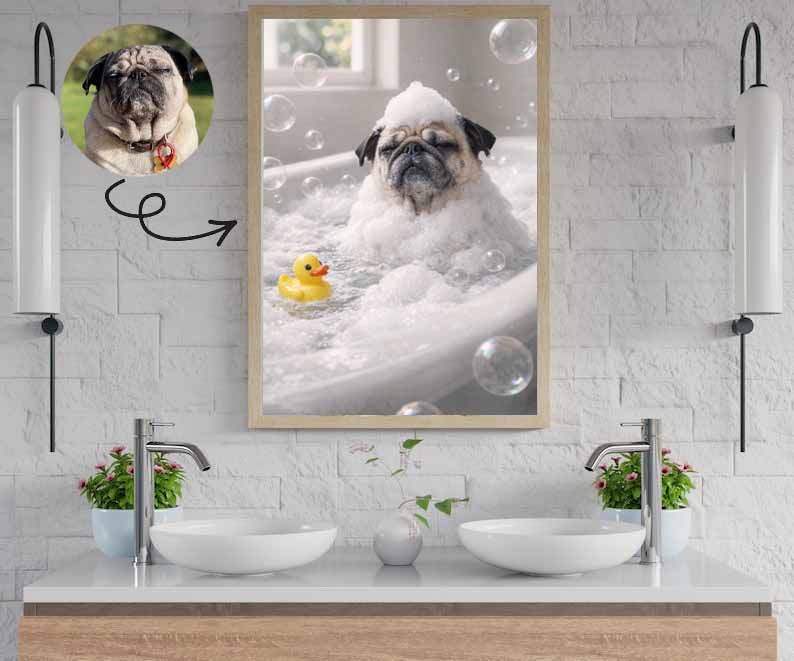 Bath Time - Custom Pet In Bathtub Canvas & Poster Print, Animal in Tub Funny Bathroom Art, Custom Dog Cat Portrait, Funny Pet Portrait, Gift for Pet Lover
