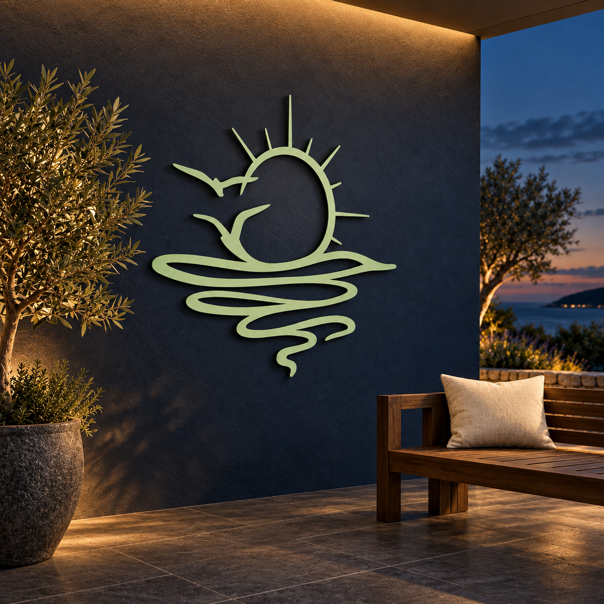 Sunrise and Ocean Metal Wall Art, Beach House Art, Coastal Sunset Patio Decor, Sun and Wave Metal Art, Boho Sunrise Silhouette bb163470-5208-4ed5-a650-d5a27a3959f1-Ngh-thu-t-kim-lo-i-tr-n-n-n-xanh-en.png