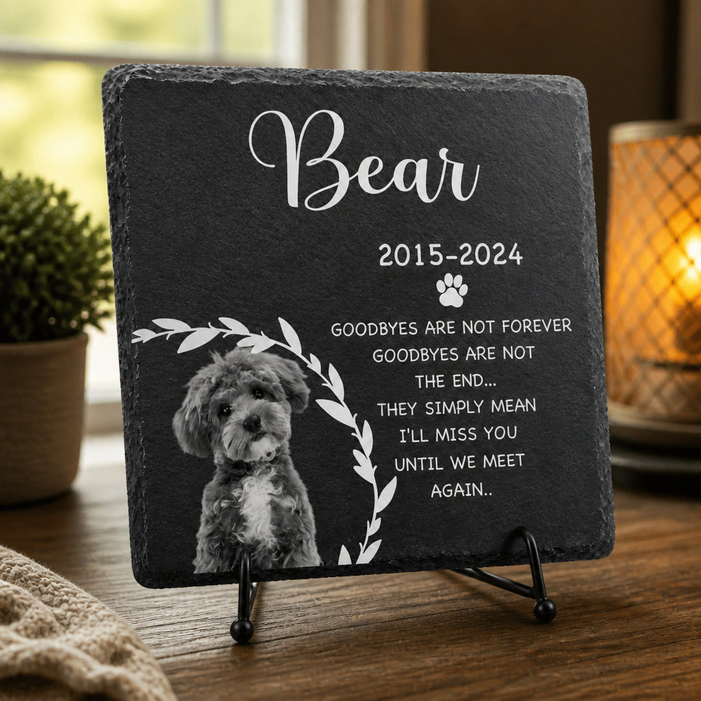 Pet Memorial Slate Stone – Photo, Name & Years – "Goodbyes are not forever" - Personalized Slate Memorial Stone bb16faea-6f7e-4fac-9b27-b31d1ebf6d03.jpg