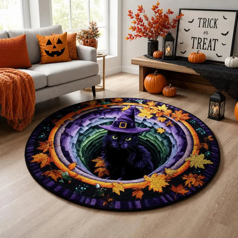 Halloween Black Witch Cat Circle Rug, 3D Vortex Illusion Round Rug, Fall Autumn Leaves Spooky Decor, Witchy Floor Carpet Gift for Halloween bb4c90fc-5824-4715-8743-fa450440106e-ghgjjggjj-3-.webp