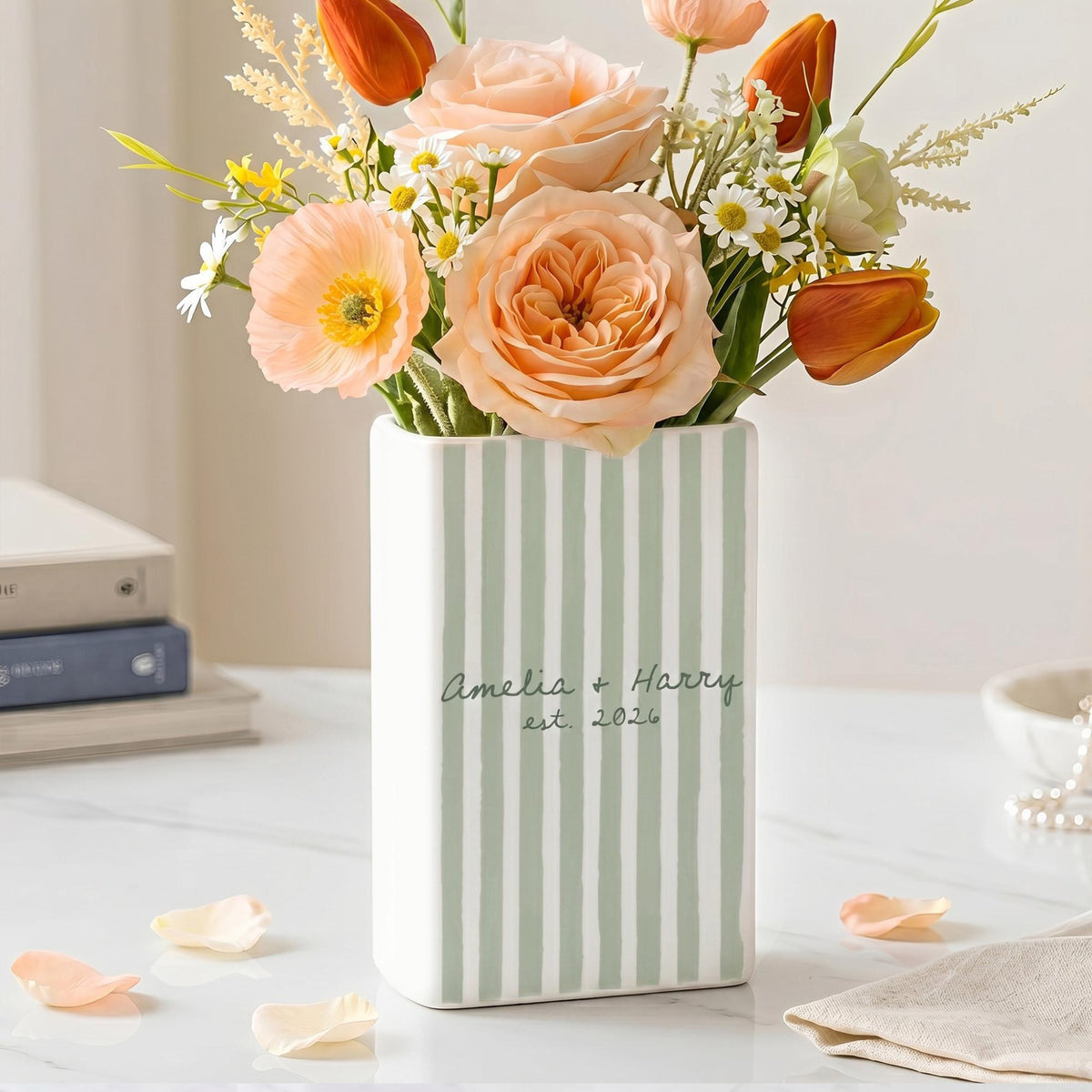 Personalized Engagement Ceramic Book Vase, Custom Striped Couple Name Book Vase, Striped Engaged Gift, Gift For Bride, Wedding Couple Gift bb890801-b529-4028-a30f-72127eb229c5-5.jpg