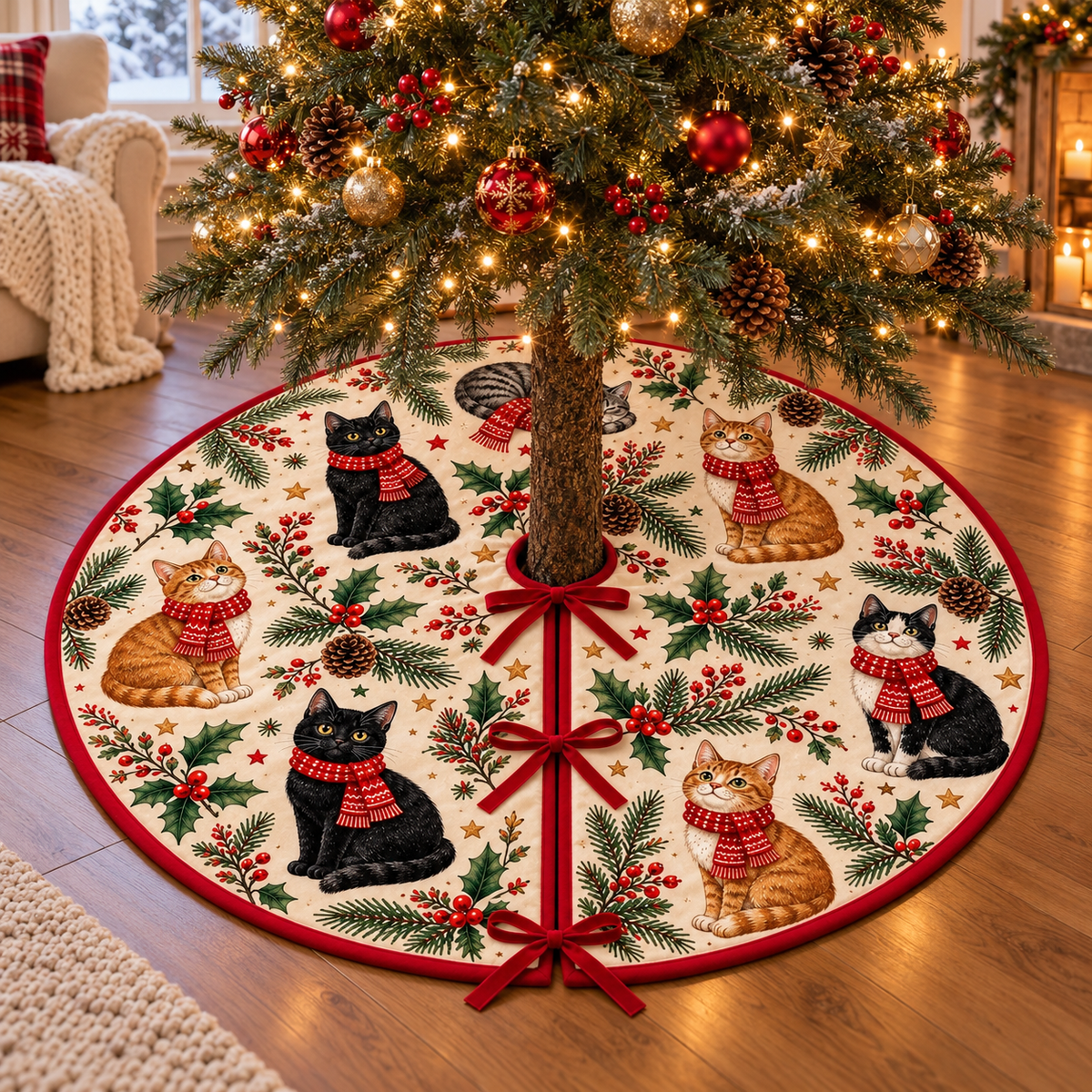 Black Cat Christmas Tree Skirt with Ribbon Ties, Tartan Plaid Cats Holiday Tree Skirt, Cat Lover Christmas Decor bbe368f8-9d38-456f-a5fa-cb8c391a14ba-1.png