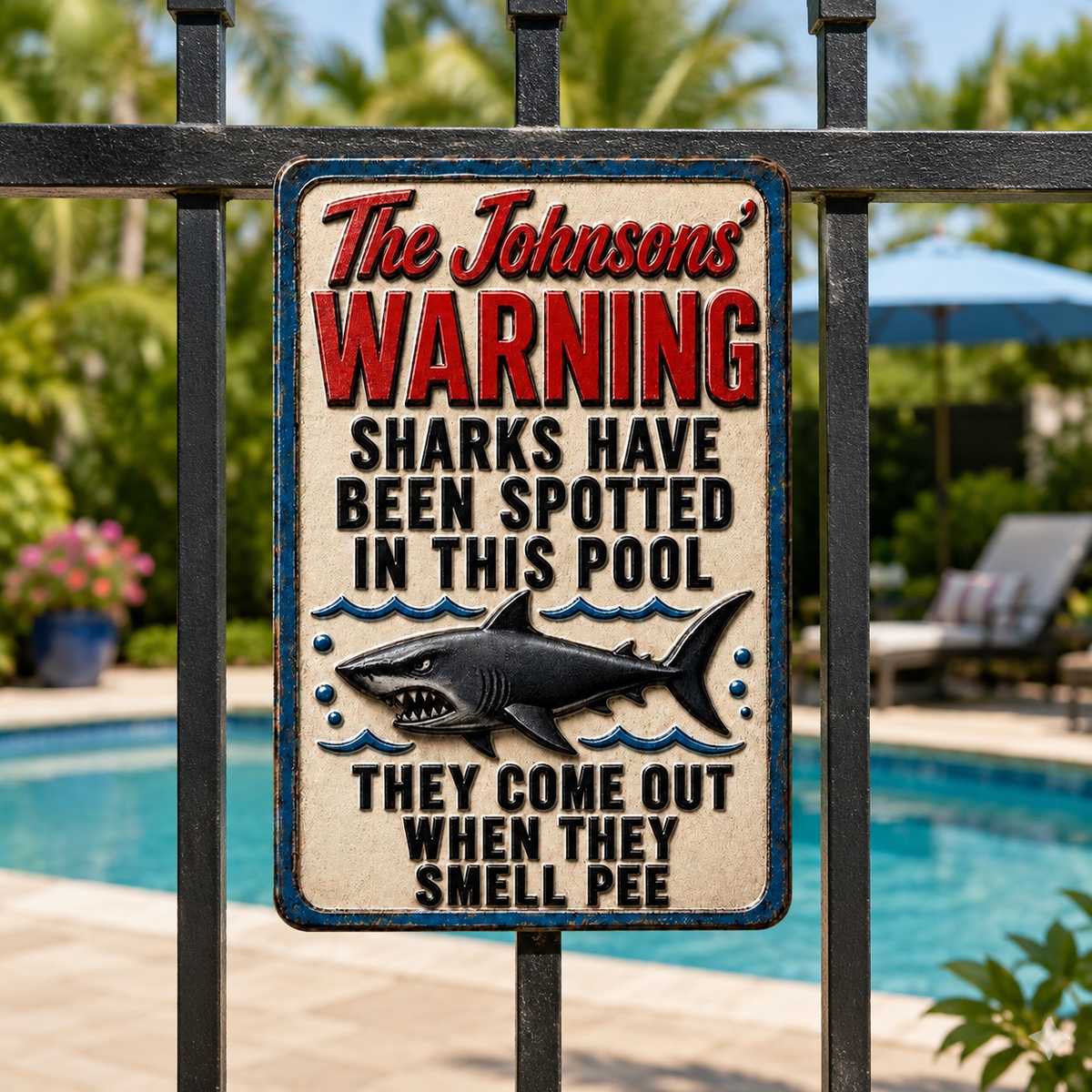 Personalized Funny Pool Shark Warning Sign, Custom Family Pool Sign, Funny Pool Rules Sign, Shark Pool Sign, Personalized Pool Decor