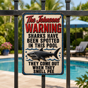 Personalized Funny Pool Shark Warning Sign, Custom Family Pool Sign, Funny Pool Rules Sign, Shark Pool Sign, Personalized Pool Decor