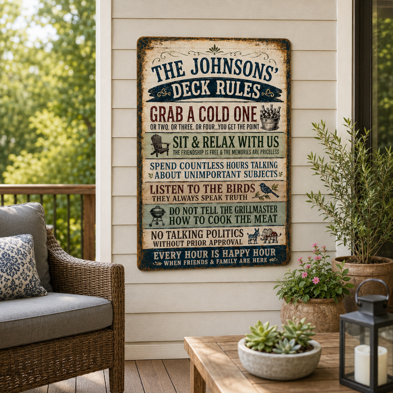 Personalized Funny Deck Rules Metal Sign, Custom Family Name Patio Decor, Backyard Bar Art