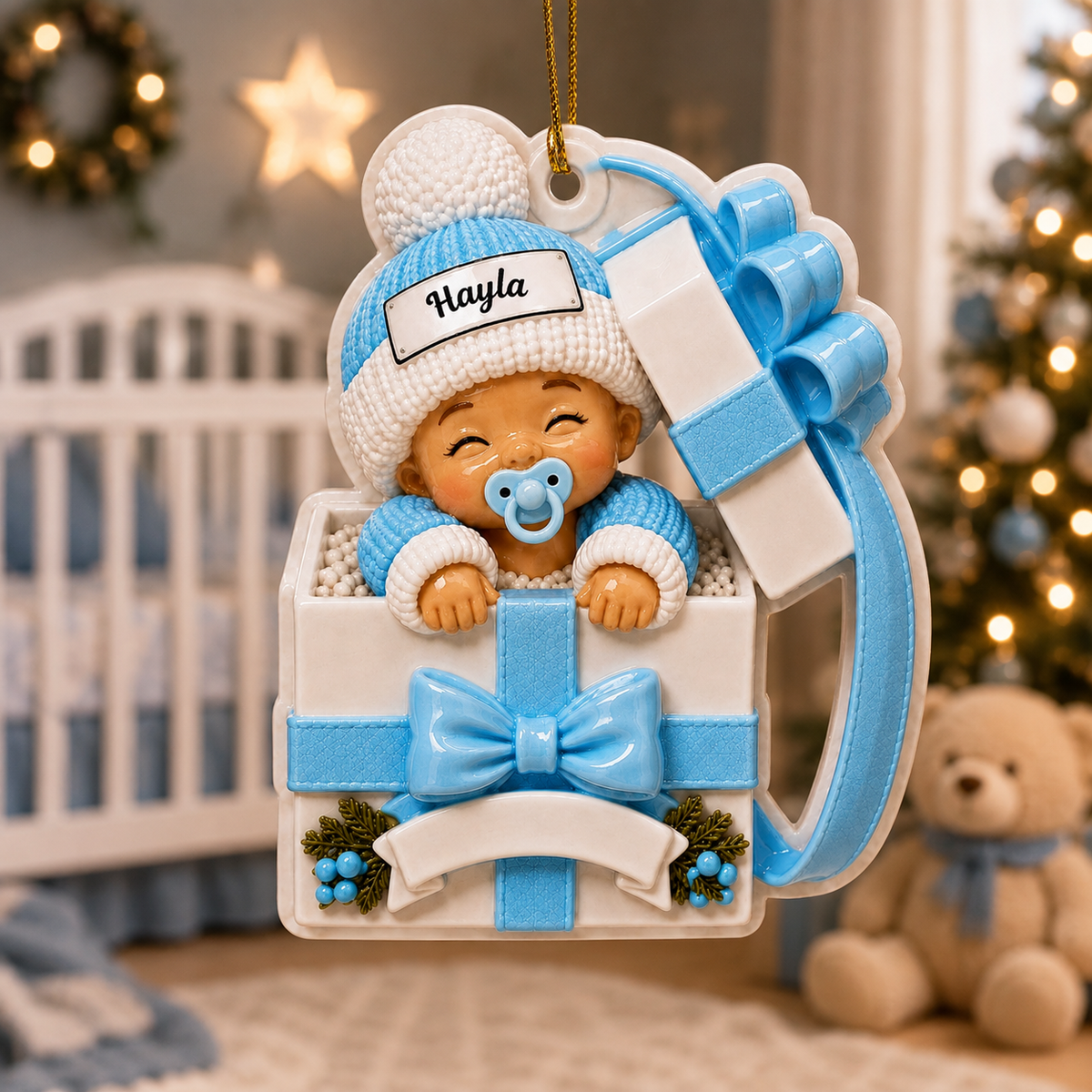 Baby Inside Gift Box Ornament - Real 3D Raised Ornament