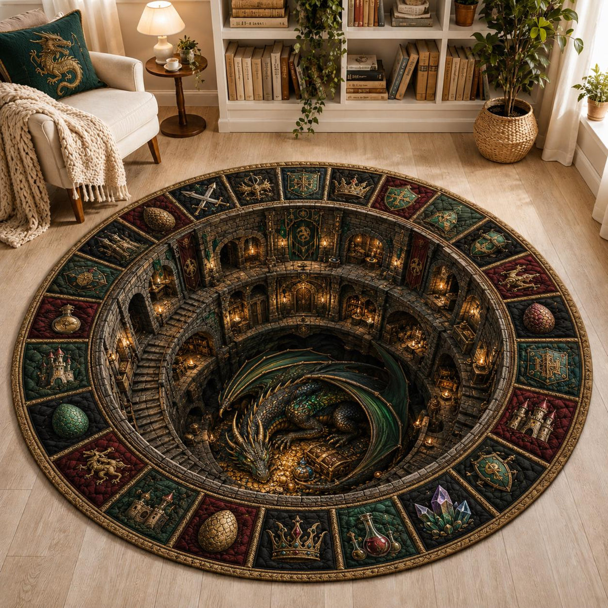 Dragon Fantasy Round Rug, 3D Illusion Medieval Castle Floor Mat, Dragon Lair Dungeon Rug, Gothic RPG Home Decor bc570ce5-6cdc-45cc-ab49-df505379c45f-1.jpg