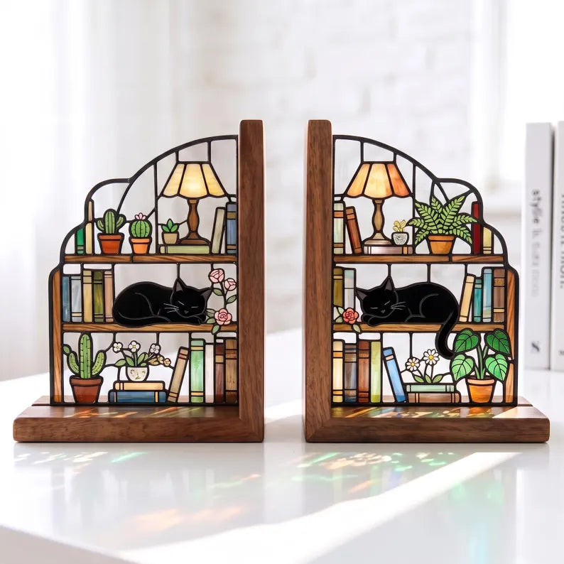 Custom Cat Bookends Stained Glass Personalized Cat Couple Flowers Mortise Wooden Book Holder Bookish Gift bca85af5-b1aa-448d-866f-62bd09132b47-ghgh-14-.webp