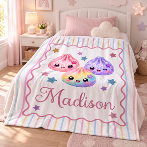 Personalized Squishy Dumpling Flannel Blanket, Custom Pastel Kawaii Throw, Cute Name Bedding Gift for Girls bca9029f-265a-4915-af82-0512b09cc17e-banner-1.png
