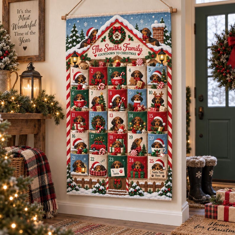 Personalized Dachshund Christmas Fabric Advent Calendar, 25 Day Pocket Countdown, Custom Family Name Dog Wall Hanging, Doxie Xmas Decor bcc8d7c1-e8fc-433c-9956-d1633fb75c6c-il_794xN.8554932076_bklv.jpg