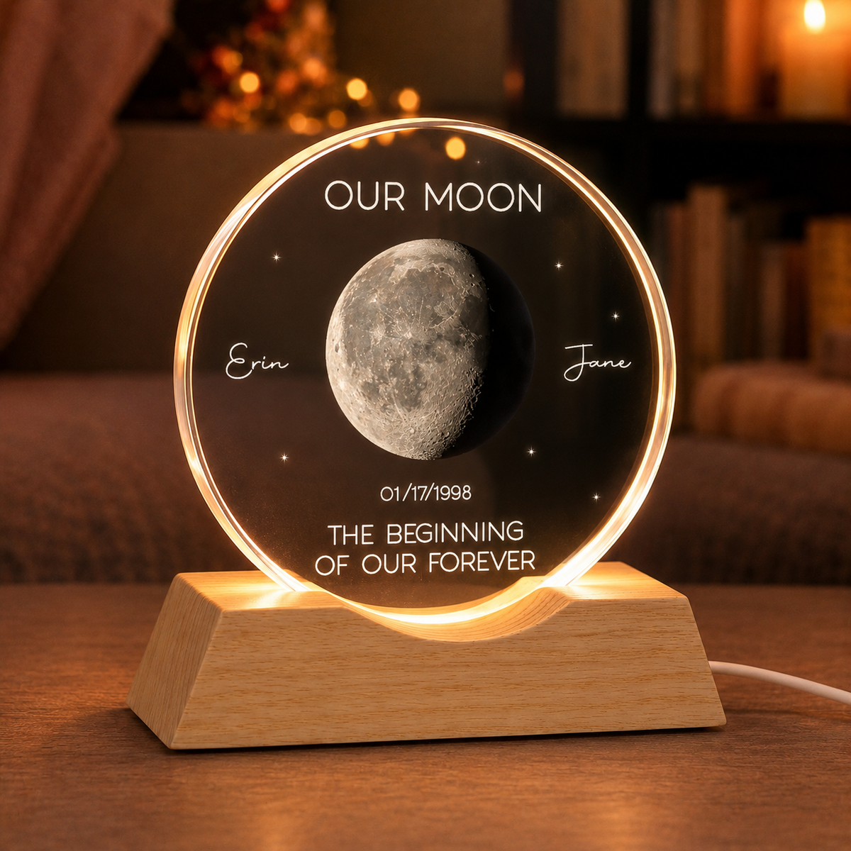 Our Moon Special Date, Custom Moon Phase by Date - Personalized Crystal Wave Night Light - Heartfelt Anniversary Gift for her, for him