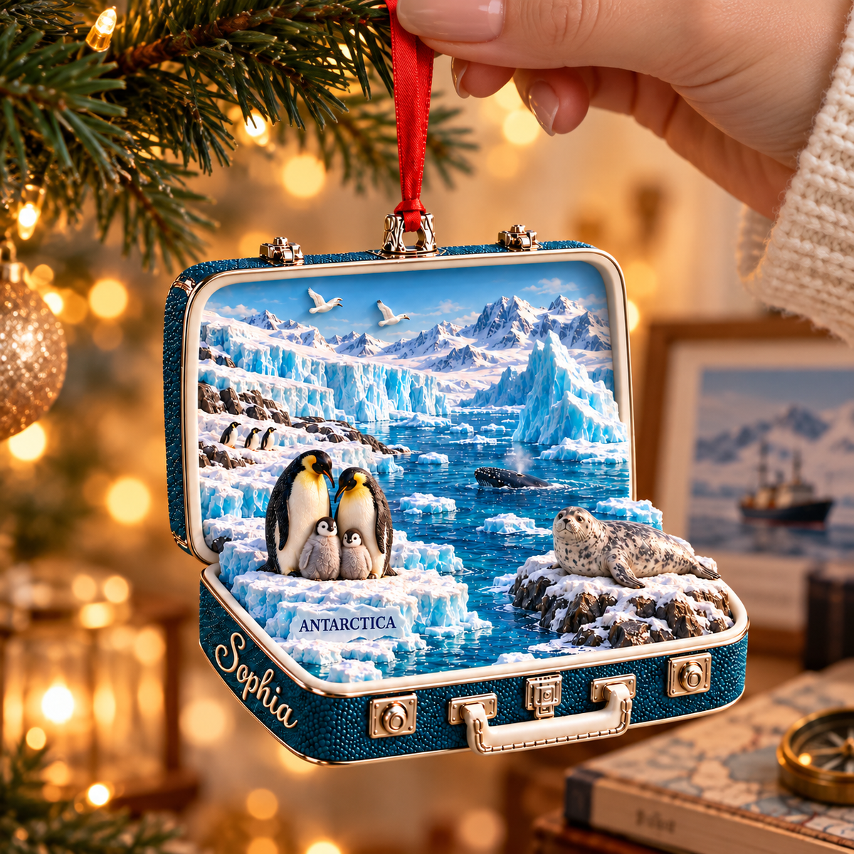 Personalized Antarctica 3D Suitcase Christmas Ornament – Antarctic Travel Souvenir & Gift for Penguin Lovers bd45fdf6-3a4d-46b7-82de-5f7421123a7a-Hanging-Antarctica-suitcase-ornament-4.png