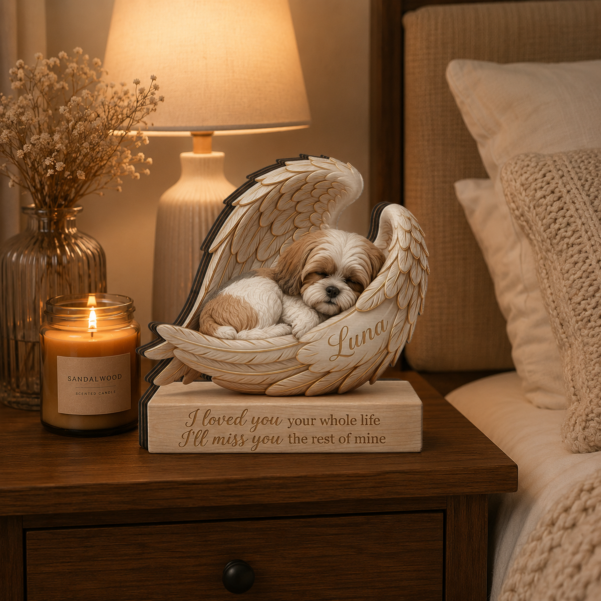 Personalized Wood Shih Tzu Memorial Block: Custom Angel Wing Dog Portrait Stand, Pet Sympathy Gift