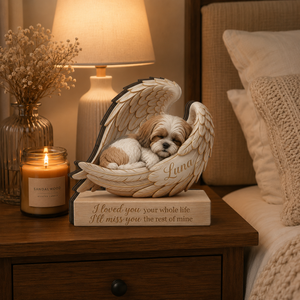 Personalized Wood Shih Tzu Memorial Block: Custom Angel Wing Dog Portrait Stand, Pet Sympathy Gift