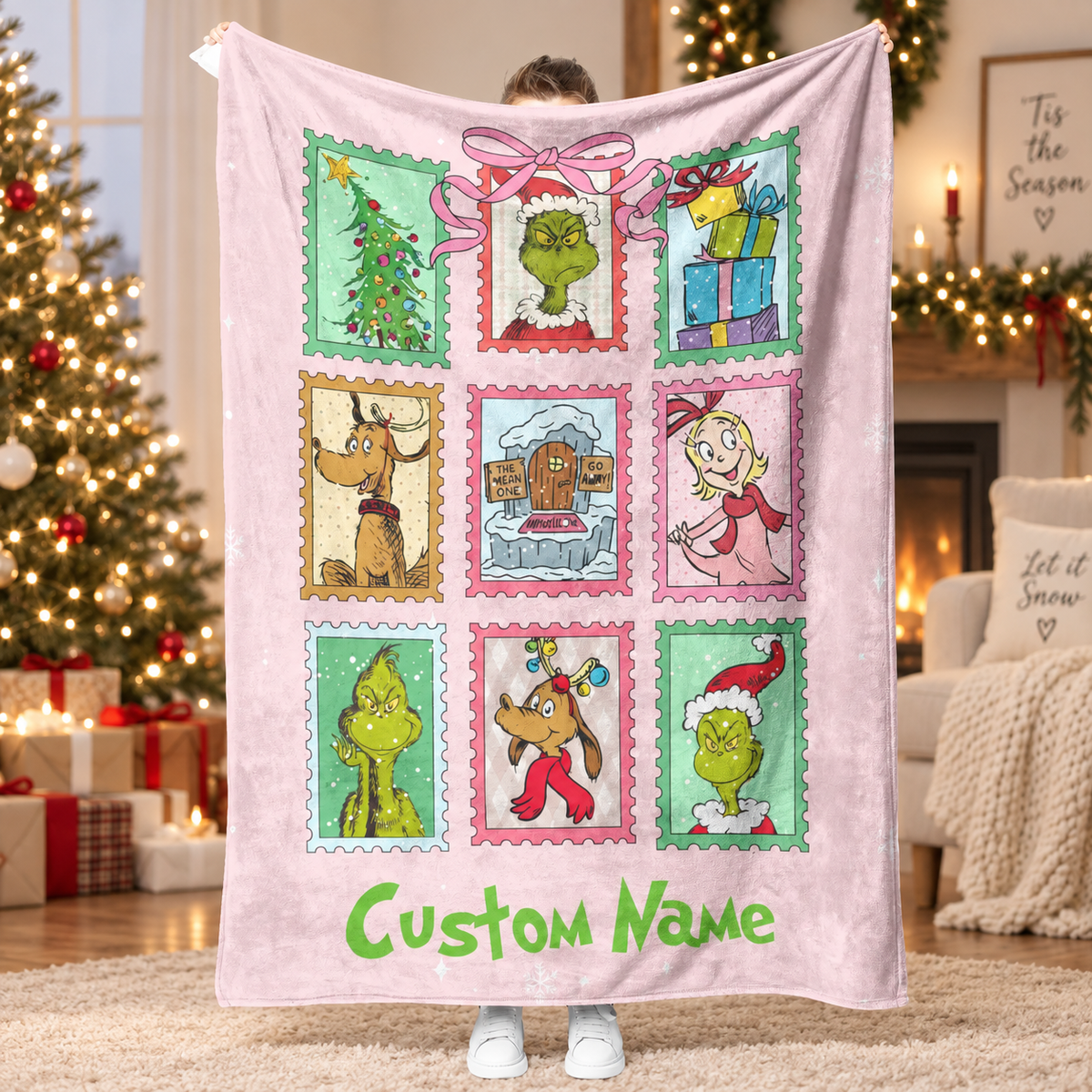 Personalized Grinchmas Christmas Blanket with Custom Name, Coquette Bow Grinch Throw, Whoville Holiday Gift Blanket bdb6b105-4f44-4764-a855-561d0f71a07c-mmm.png