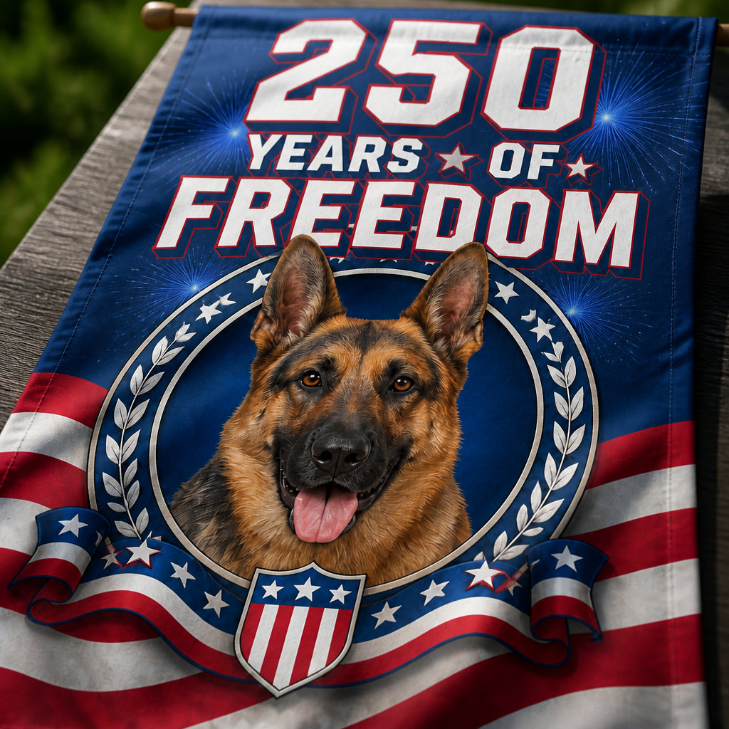Patriotic German Shepherd — 250 Years of Freedom Garden Flag - Family Flag bdf41d95-63af-4ae6-b685-0e981b756c5d.jpg