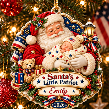 Personalized Santa's Little Patriot Baby's First  Christmas 3D Ornament 2026 – Santa Holding Baby Patriotic Keepsake Gift be0461ad-0c80-48f7-ad6f-409f16e64c8c-Santas_Little_Patriot_Emily_2026_01_Christmas_Tree_1200x1200.png