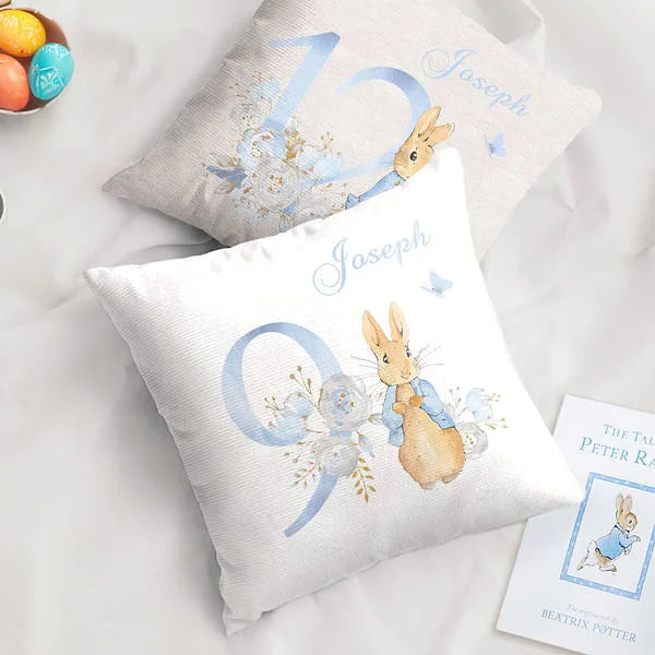 Personalised Cute Peter Rabbit Bunny Floral Throw Pillow Cover with Birth Month and Name Nursery Decor Baby Shower Birthday Gift for Boys Girls