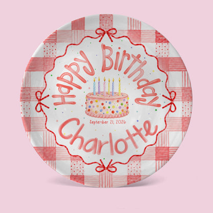 Personalized Pink Gingham Birthday Plate, Custom Name Date Girl Birthday Keepsake, Pink Bow Ceramic Party Decor be15561c-a62c-4f99-8d15-60b79936a8d7-3.jpg