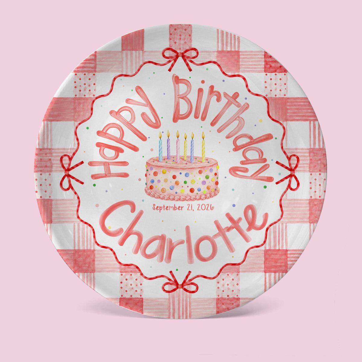 Personalized Pink Gingham Birthday Plate, Custom Name Date Girl Birthday Keepsake, Pink Bow Ceramic Party Decor be15561c-a62c-4f99-8d15-60b79936a8d7-3.jpg