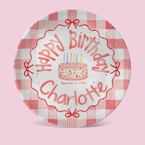 Personalized Pink Gingham Birthday Plate, Custom Name Date Girl Birthday Keepsake, Pink Bow Ceramic Party Decor be15561c-a62c-4f99-8d15-60b79936a8d7-3.jpg
