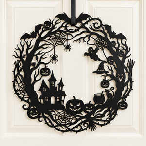 Haunted Hollow Halloween Wood Sign – Spooky Wood Sign Haunted House Wreath with Ghosts, Pumpkins & Bats, Gothic Front Door Decor be3c8f73-baa9-4f45-abb7-93ce45843b90-5.png