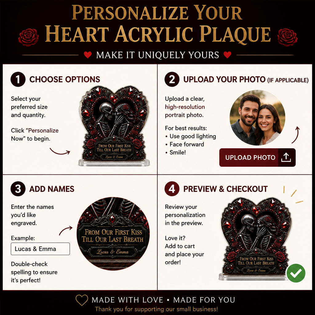 Gothic Skeleton Lovers Heart Acrylic Plaque – From Our First Kiss – Personalized Names - Personalized Heart Shaped Acrylic Plaque bea5d56a-7f36-4009-8b18-2c5db1b16b52.jpg
