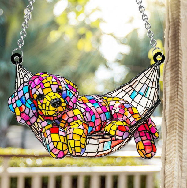 Stained Glass Chilling Dog - Personalized Dog Window Hanging Suncatcher Stained Glass Ornament Gift Dog Lovers Housewarming Gift