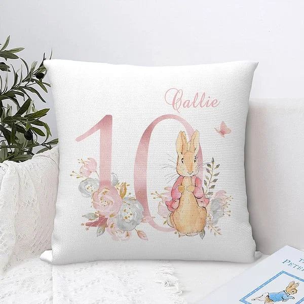 Personalised Cute Peter Rabbit Bunny Floral Throw Pillow Cover with Birth Month and Name Nursery Decor Baby Shower Birthday Gift for Boys Girls