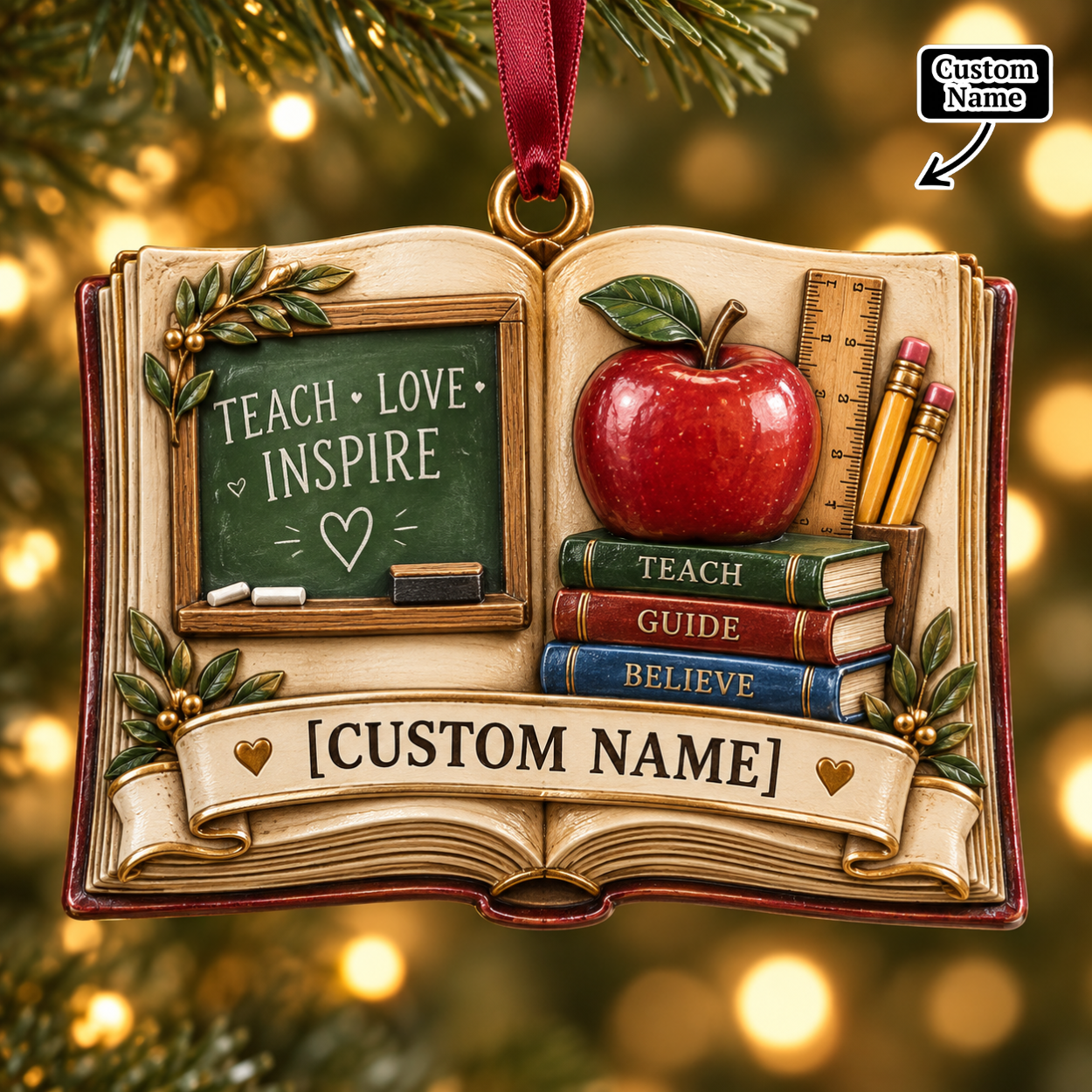 Personalized Teacher Open Book Christmas Ornament - Custom Name Teach Love Inspire Tree Decor bef4abdb-c5e2-414d-b7da-7df732513237-mockup-annotated-1790147292355.png