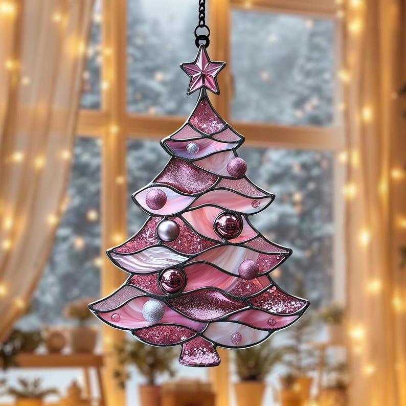 Rose Pink Christmas Tree Acrylic Suncatcher, 2D Faux Stained Glass Ornament, Sparkle Holiday Window Hanging Decor bef99626-7097-4394-8d3d-b39b98b1533a-h2.jpg