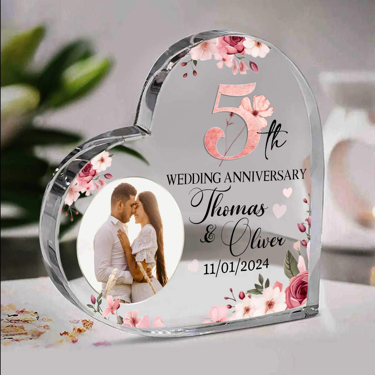5th Wedding Anniversary Acrylic Heart Plaque, Personalized 5 Year Anniversary Gift, Wooden Anniversary Gifts, Wooden Anniversary Keepsake