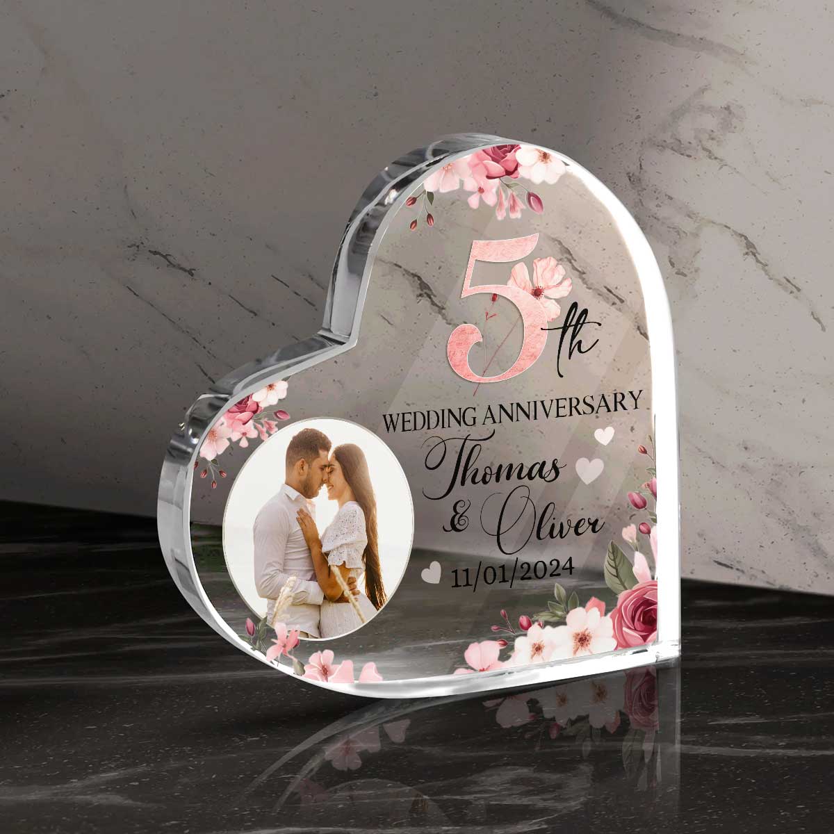 5th Wedding Anniversary Acrylic Heart Plaque, Personalized 5 Year Anniversary Gift, Wooden Anniversary Gifts, Wooden Anniversary Keepsake