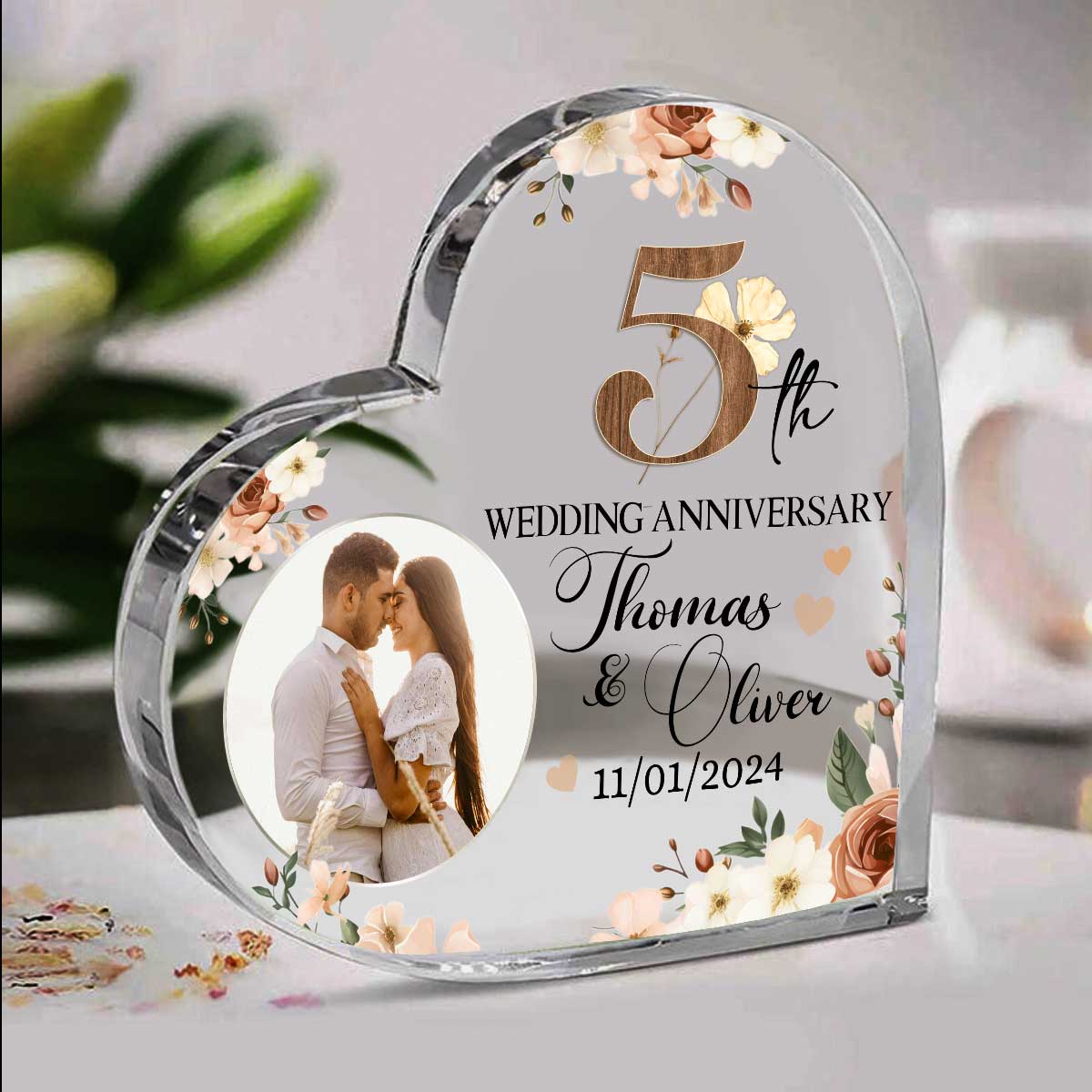 5th Wedding Anniversary Acrylic Heart Plaque, Personalized 5 Year Anniversary Gift, Wooden Anniversary Gifts, Wooden Anniversary Keepsake