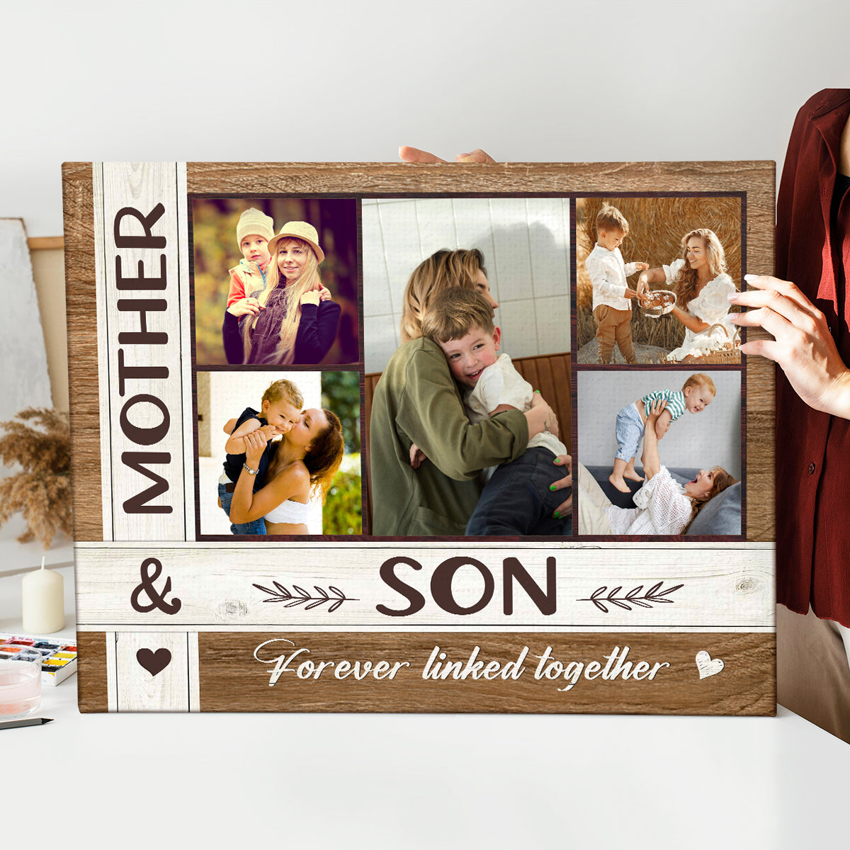 Mother And Son Custom Photo Collage Canvas, Mother's Day Gift From Son To Mom, Personalized Son To Mother Gifts, Mother & Son Forever Linked Together