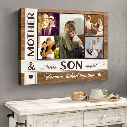 Mother And Son Custom Photo Collage Canvas, Mother's Day Gift From Son To Mom, Personalized Son To Mother Gifts, Mother & Son Forever Linked Together