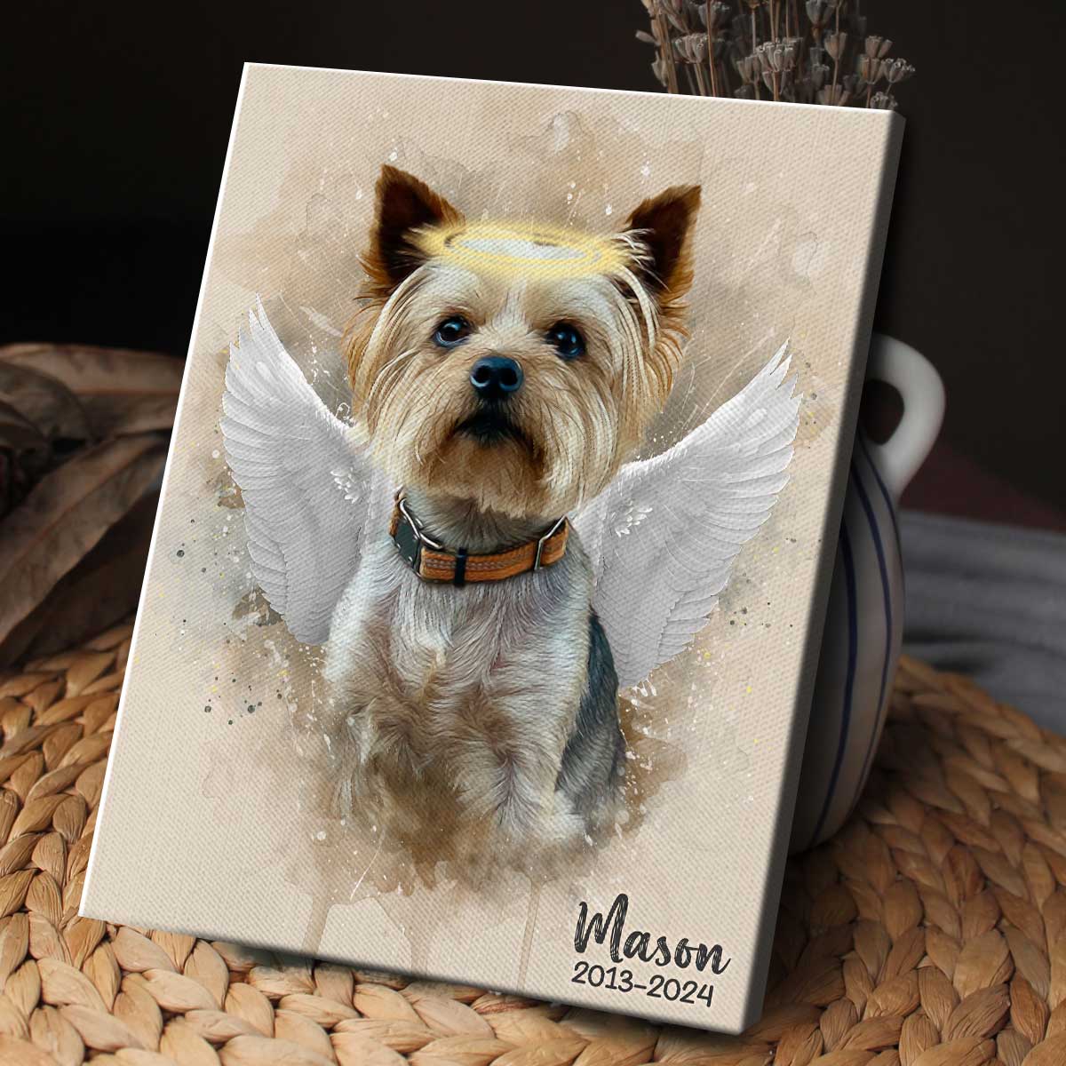 Pet Loss Memorial Portrait with Angel Wings and Halo Canvas, Deceased Pet Gift, Dog Painting Custom From Photo, Personalized Dog Memorial Gifts