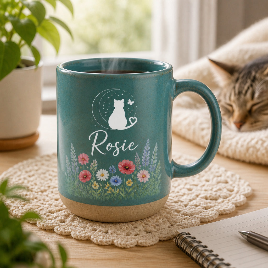 Personalized Cat Line Art Pottery Mug – Name with Wildflower Meadow - Personalized Pottery Mug bf09f640-8cb1-4567-a758-2bdd998115e5.jpg