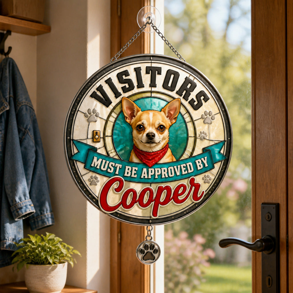 Visitors Must Be Approved By [Pet Name] Doormat - Personalized 1 Layered Suncatcher with Charm bf58b345-dd2a-4d4d-92de-db00802d8c0a.jpg