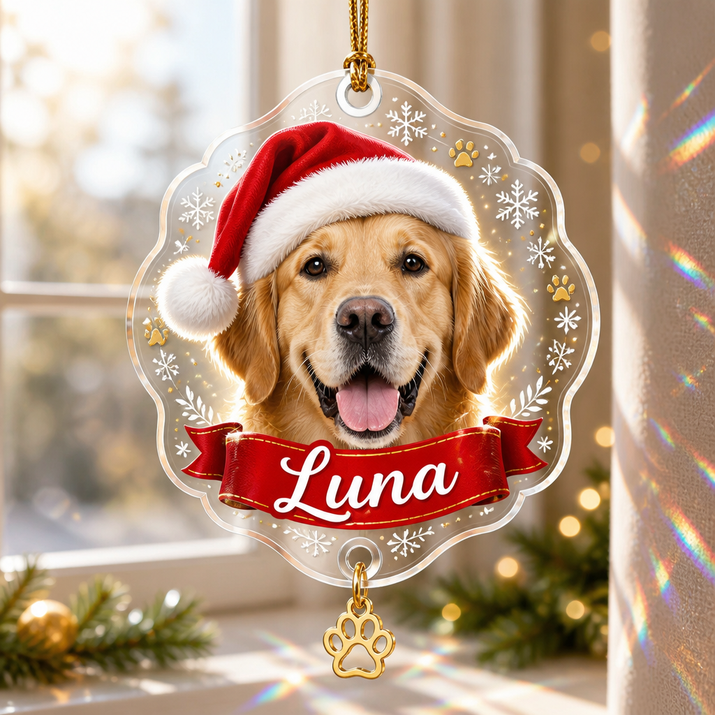 Custom Pet Photo Santa Hat Name Ornament - Personalized 1 Layered Suncatcher with Charm bf90fe5e-49ce-4571-a21f-f227bb24865c.png