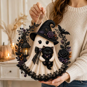 Halloween Ghost Door Hanger, Witch Ghost With Black Cat Wooden Door Sign, Spooky Fall Wall Decor With Jute Twine bfb62db9-5508-4b70-9180-32b82de494e3-tyio9pfd-7-.webp