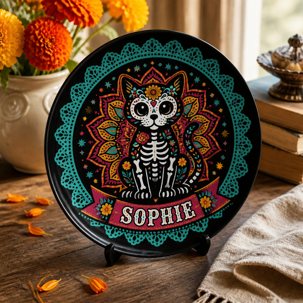 Sugar Skull Cat Name Ceramic Plate - Personalized Personalized Ceramic Plate bfc266af-215f-4780-bb80-286844793e92.jpg