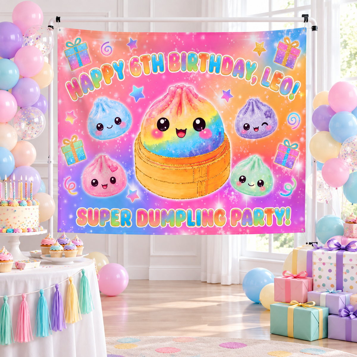 Custom Dumpling Birthday Backdrop, Plushie Theme Party Banner, Kawaii Personalized Tapestry, Pastel Kids Birthday Decor, Photo Booth Prop bfc2ecf7-6333-49a2-958f-8a21b99bb69a-banner-1.png