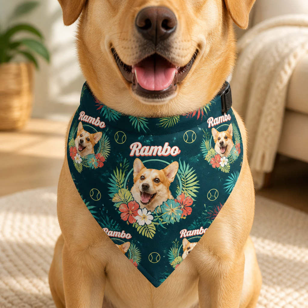 Custom Pet Photo Tropical Wreath Bandana with Name - Personalized Pet Bandana Collar With Adjustable Buckle bff06f05-d3e1-47bf-b25d-99f135b75601.png