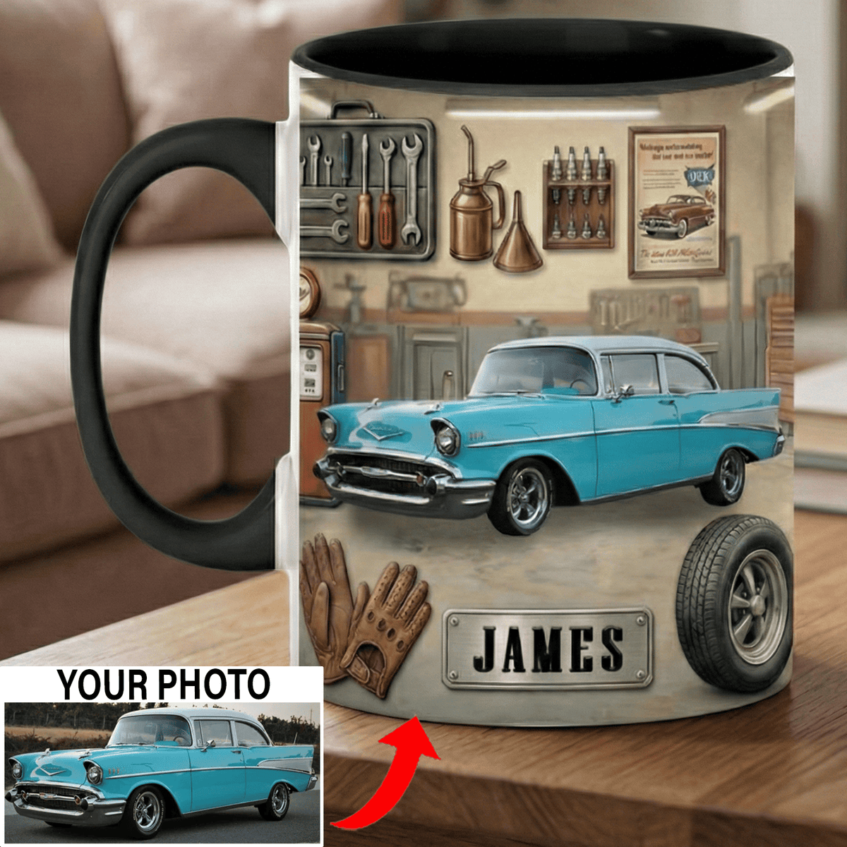 Custom Photo & Name Classic Car Accent Mug Personalized Funny Gift for Car guys