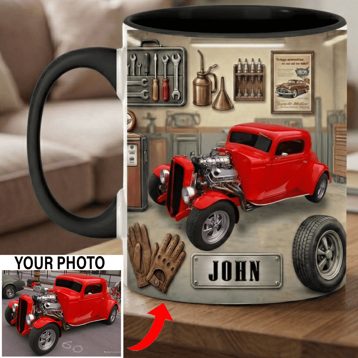 Custom Photo & Name Classic Car Accent Mug Personalized Funny Gift for Car guys