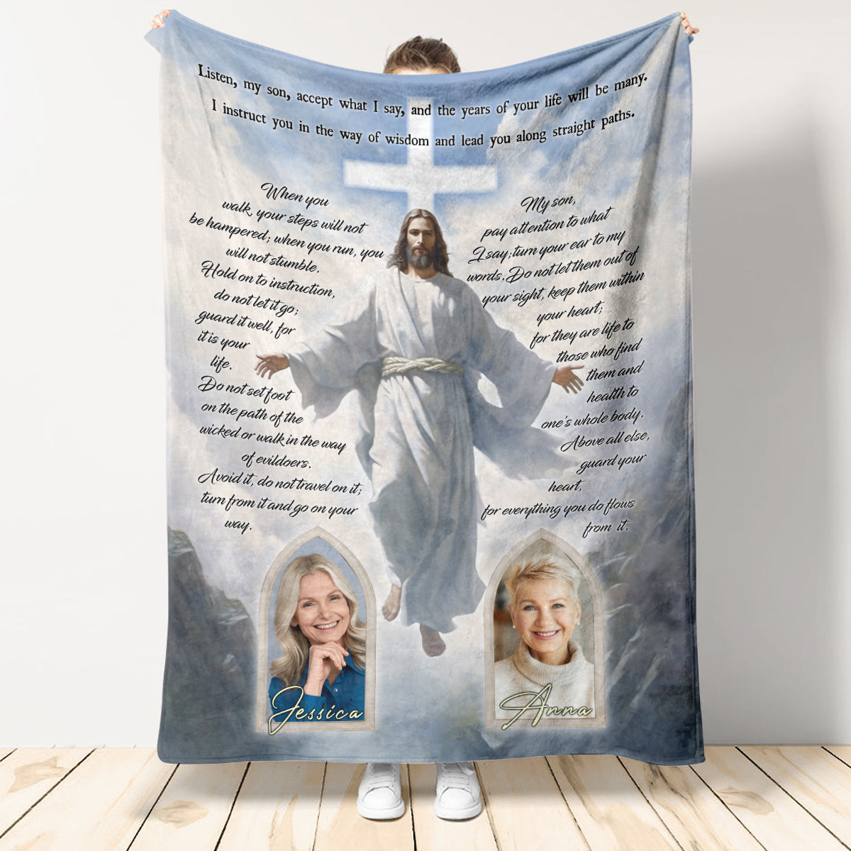 Personalized Photo Jesus Blanket - God Custom Blankets with Name & Photo - Christian Gift, Bible Gift For Mother's Day Father's Day Thanksgiving - Proverbs 4:10