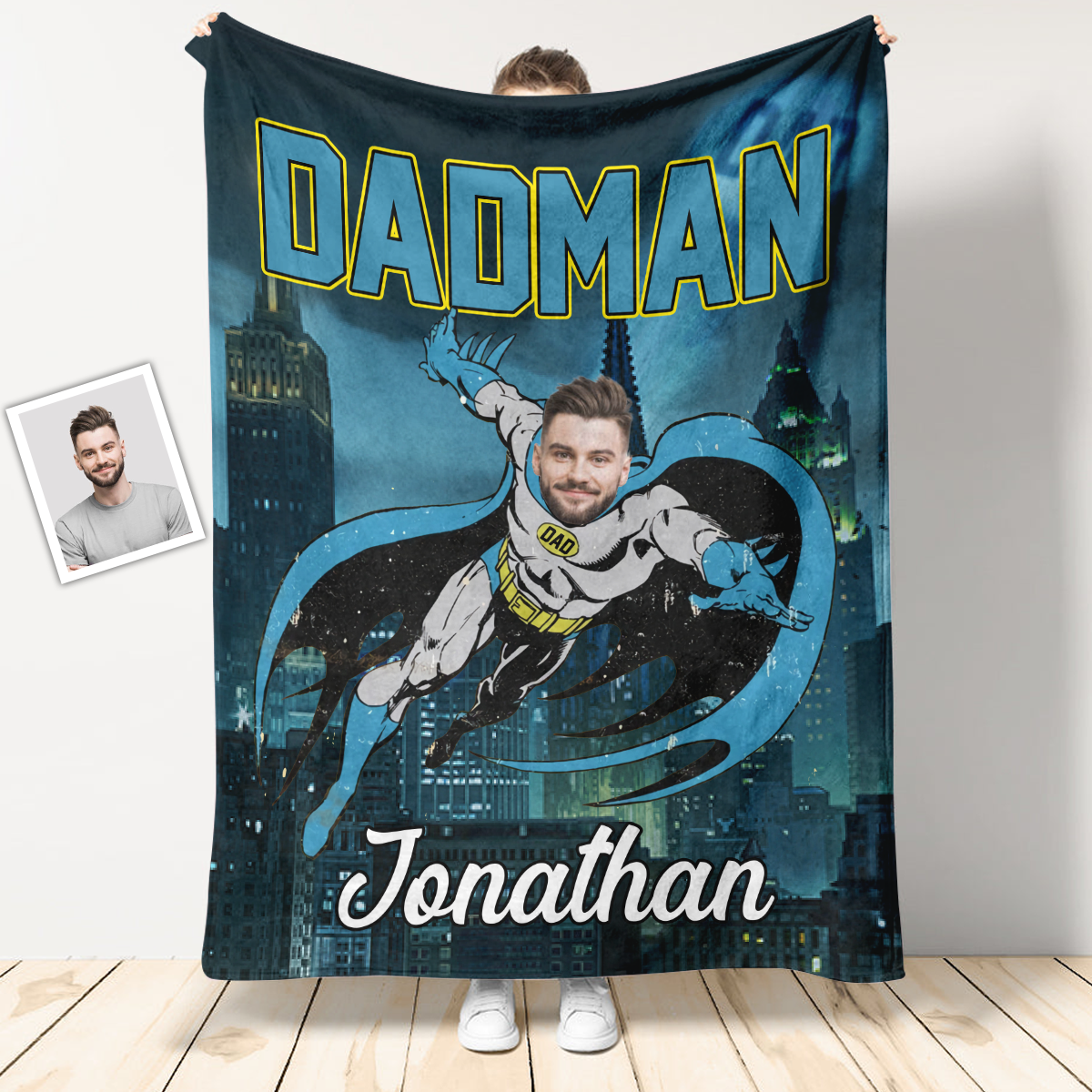 Custom Photo Throw Blanket - DADMAN Super Hero - Father's Day Gift For Dad - Personalized Gift For Dad