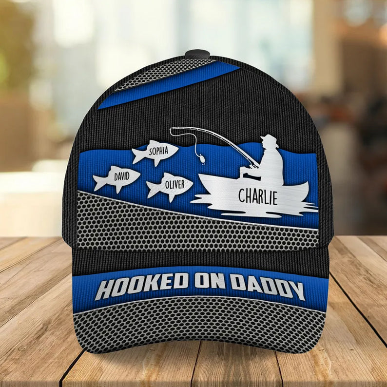 Hooked On Fishing Papa Dad Metal Printed Personalized Classic Cap