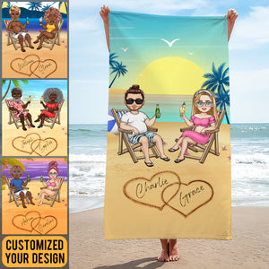 Summer Couple Sitting - Personalized Beach Towel - Gift For Couple, Summer, Beach